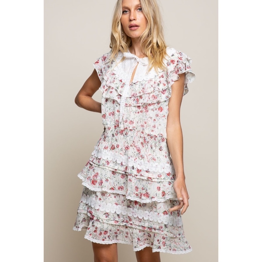 POL Cream & Pink Floral Ruffle Tiered Mini Dress with Bow - Picture 9 of 9
